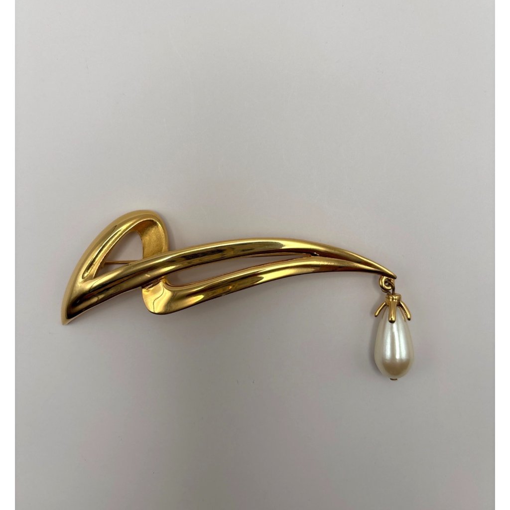 Marvella Art Deco Gold Tone Dangle Faux Pearl Large Brooch Pin Signed 23$